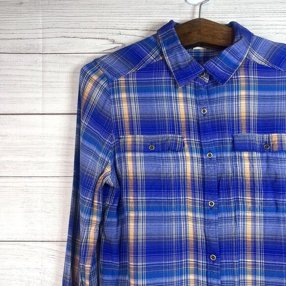Roxy Womens Blue Orange Flannel Shirt Plaid Long Sleeve Button Up Viscose Size M - Picture 3 of 12